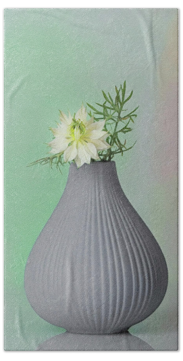 Love In A Mist Beach Towel featuring the photograph A Love in a Mist in its vase by Sylvia Goldkranz
