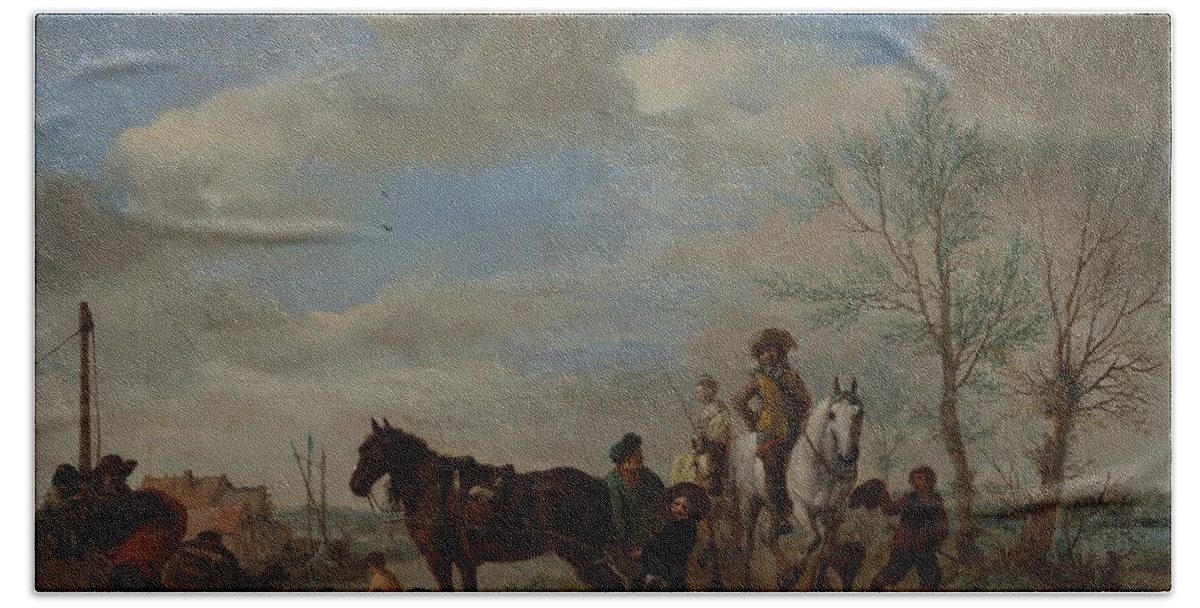  Beach Towel featuring the drawing A Man and a Woman on Horseback ca art by Philips Wouwerman Dutch