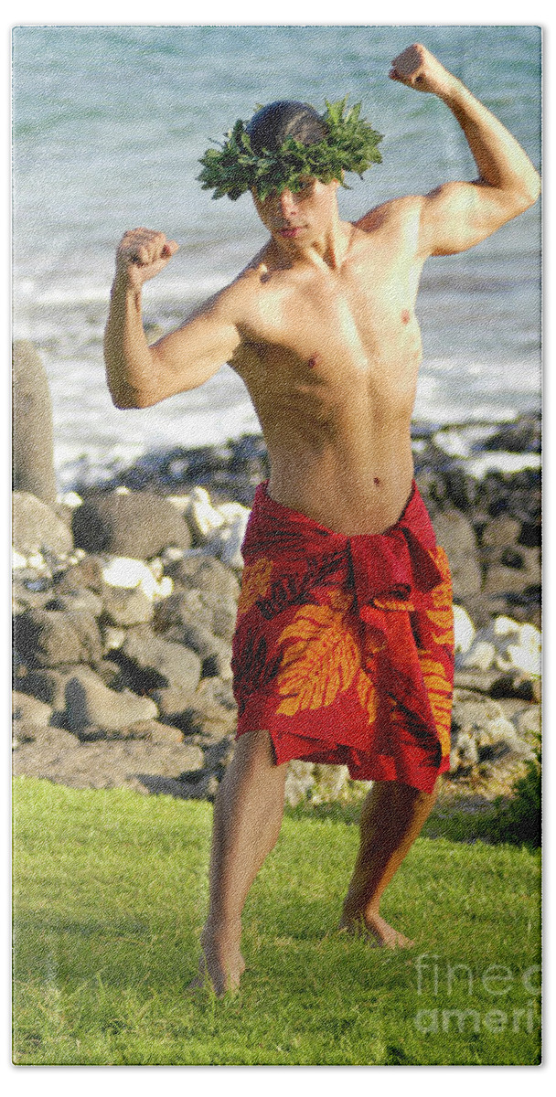 Beach Beach Towel featuring the photograph A masculine male hula dancer exhibits his manly hula style.	 by Gunther Allen