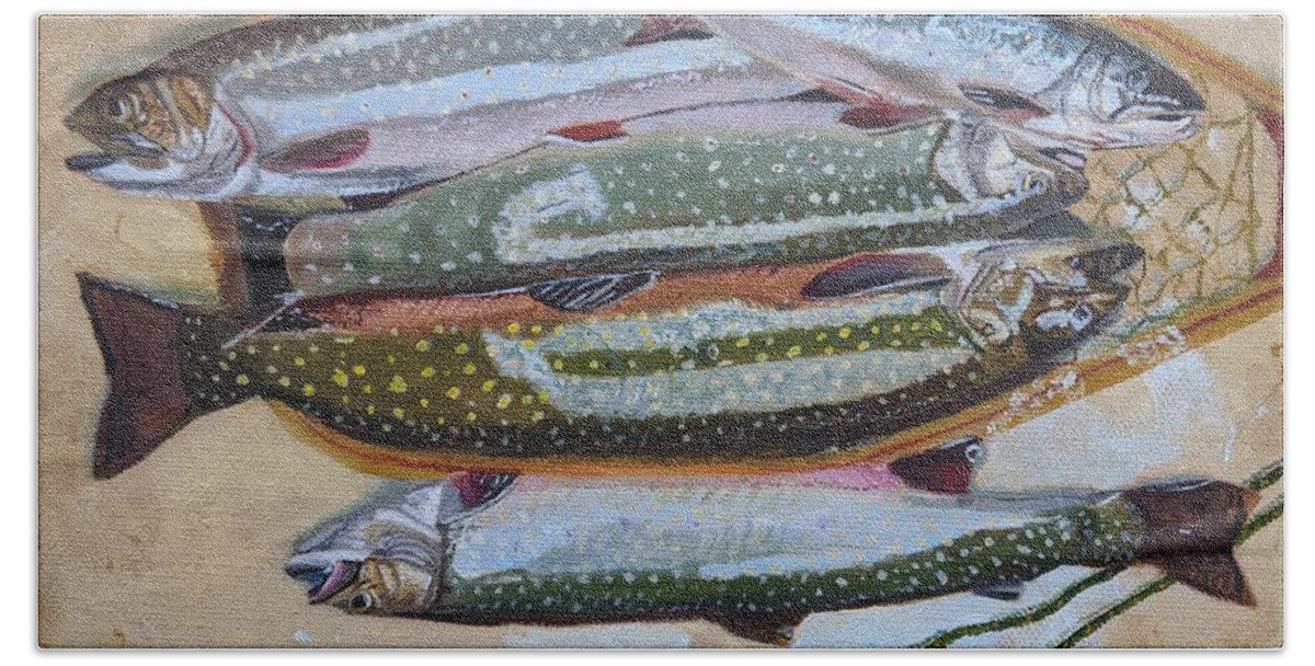 Brook Trout Beach Towel featuring the painting A Mess O Fish by Deborah Bergren