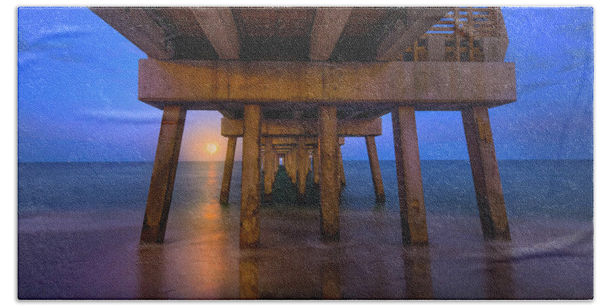 Moon Beach Towel featuring the photograph A Moonrise Under the Pier by Mark Andrew Thomas