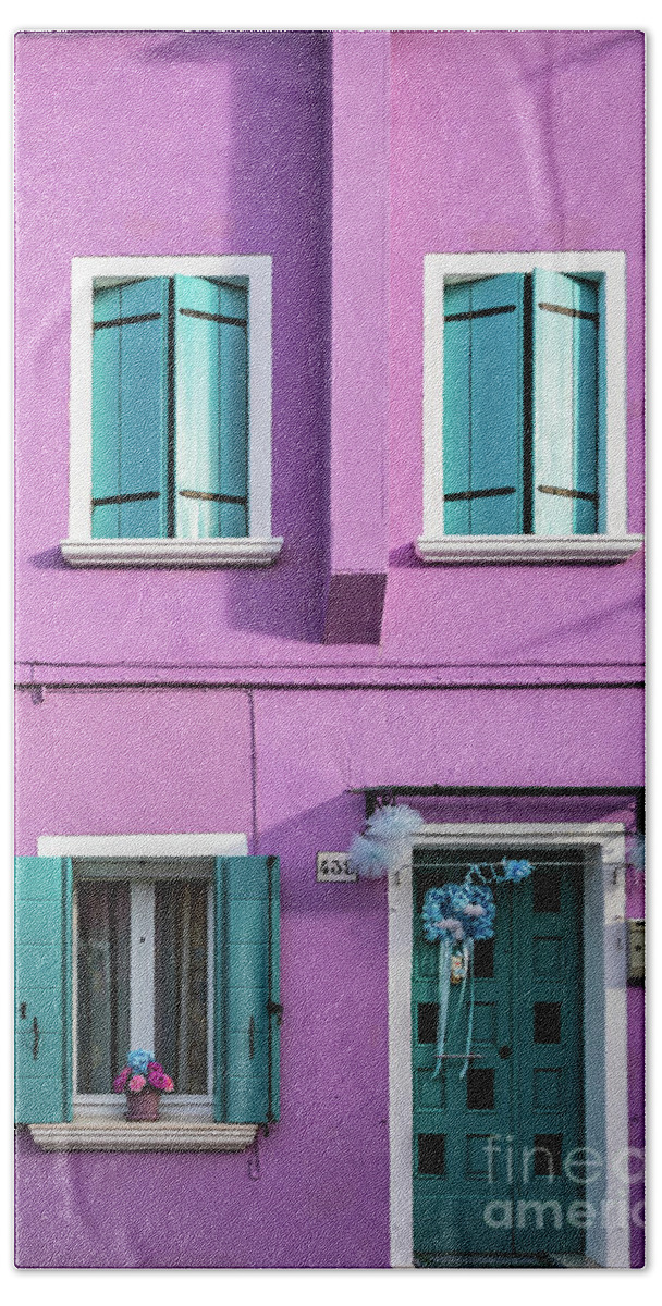 Wall Beach Towel featuring the photograph A pink house in Burano, Italy by Lyl Dil Creations