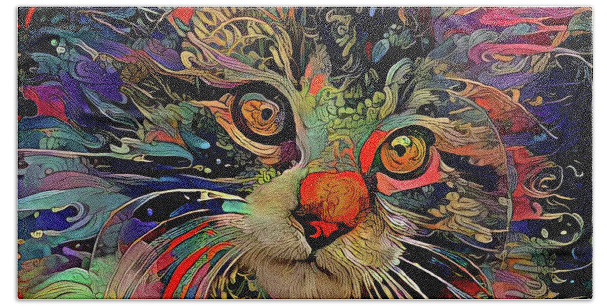 Maine Coon Cat Beach Towel featuring the mixed media A Psychedelic Maine Coon Cat Named Chaos by Peggy Collins
