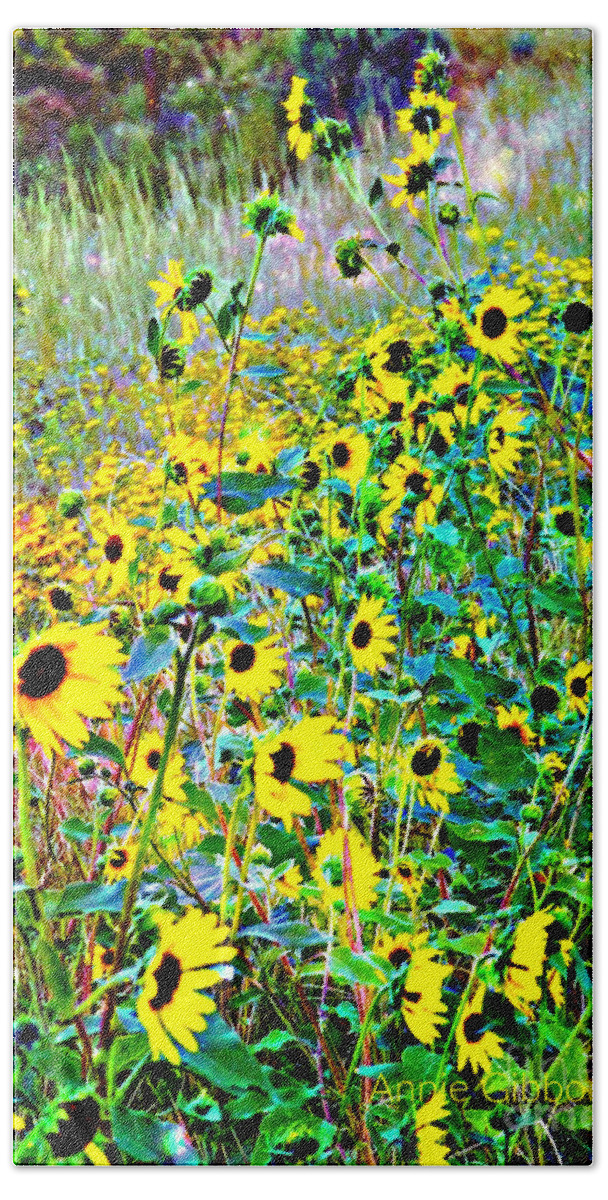 Black Eyed Susans On The Side Of The Road Beach Towel featuring the digital art A riot of black eyed susans by Annie Gibbons