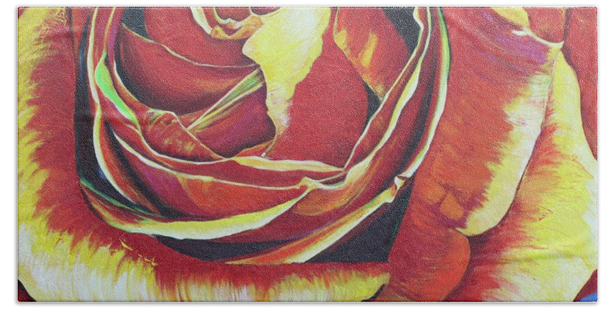Red Rose Large Print Stunning Red Yellow Rose Flower Dramatic Red Rose Beautiful Rose Beach Towel featuring the painting A Rose and a Lady by Dorsey Northrup