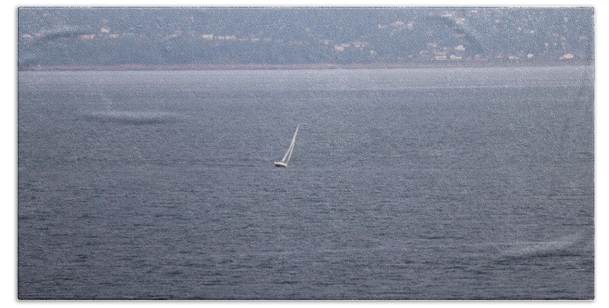 Puget Sound Beach Towel featuring the photograph A Sailboat Leaning Right by Ed Williams