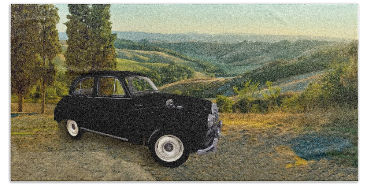 Austin A40 Beach Towel featuring the photograph A Scenic View From An Austin A40 Black Car by Sandi OReilly