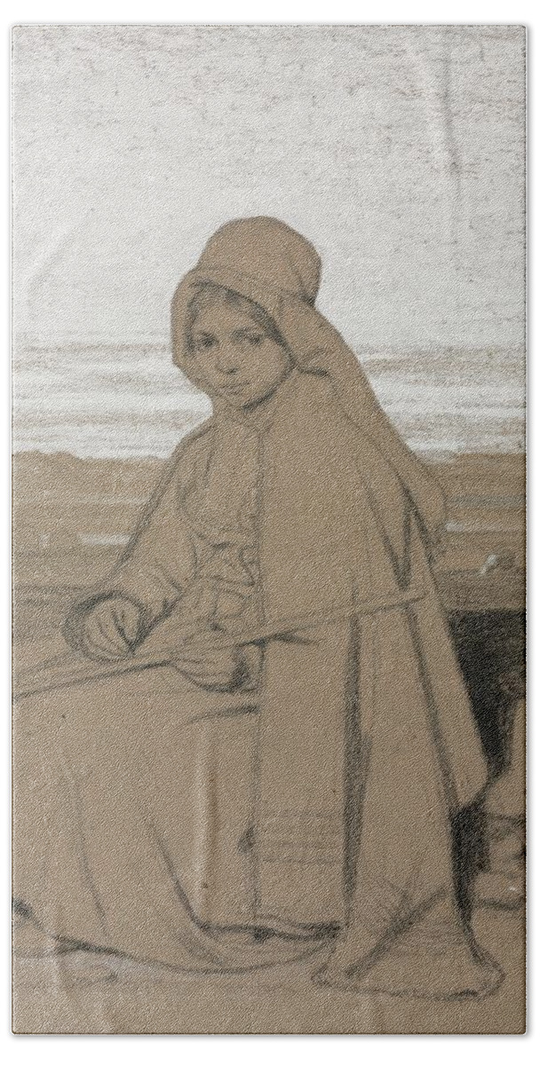 A Seated Shepherdess 1800s Jules Dupre French 1811 To 1889 Beach Towel featuring the painting A Seated Shepherdess 1800s Jules Dupre French 1811 to 1889 by MotionAge Designs