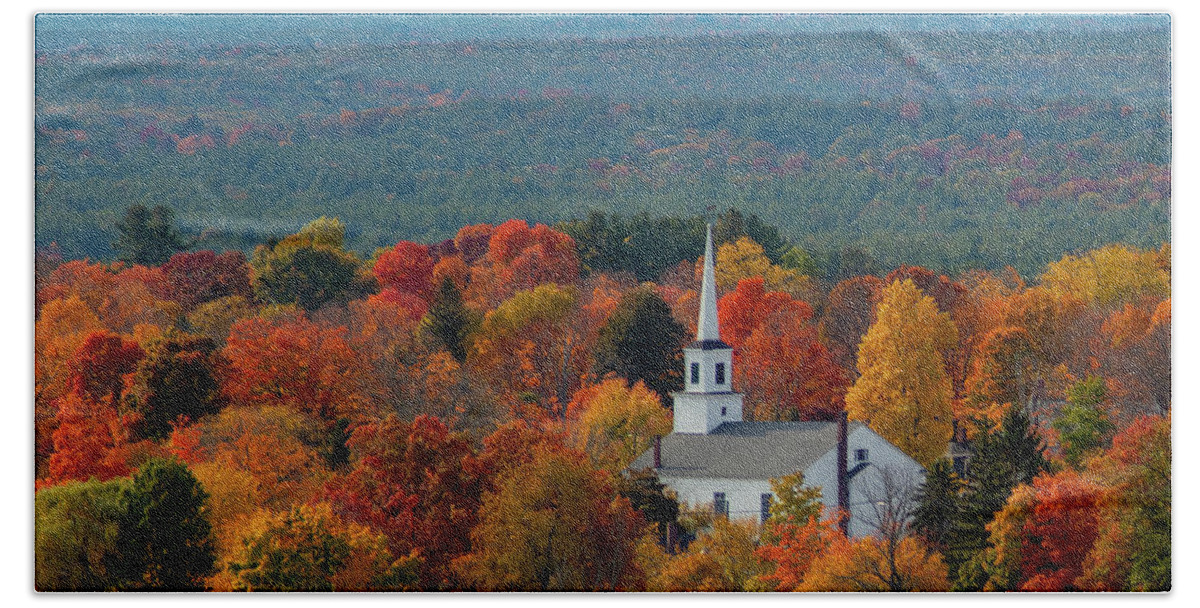 Autumn Fall Colors Beach Towel featuring the photograph A Steeple Among the Maples by Jeff Folger