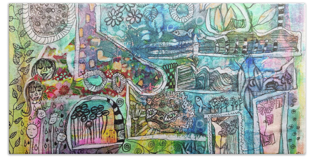 Drawing Beach Towel featuring the mixed media A Story within a Story .. within a Story by Mimulux Patricia No
