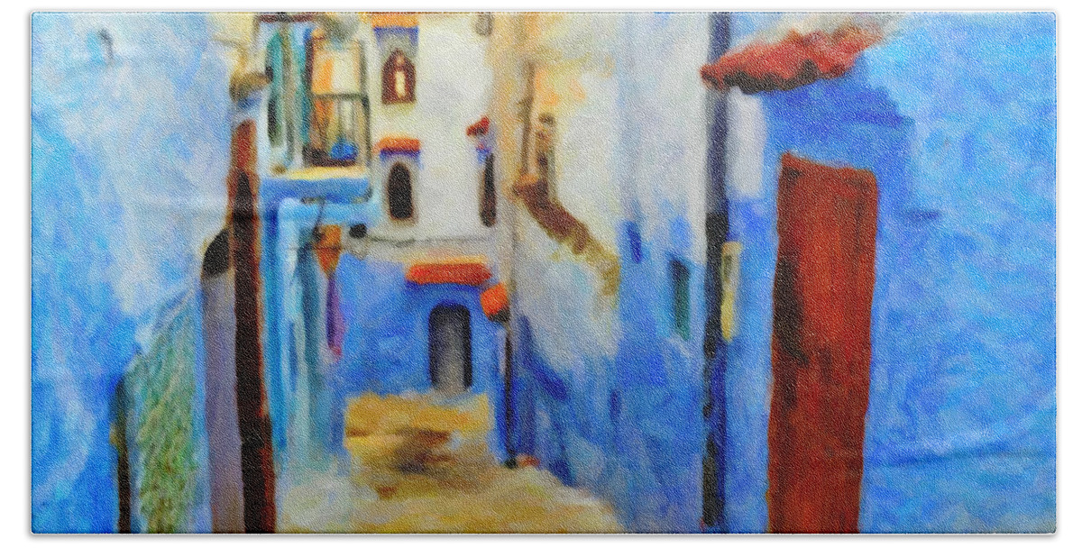 Morocco Street Beach Towel featuring the painting A Street in Morocco by Chris Armytage