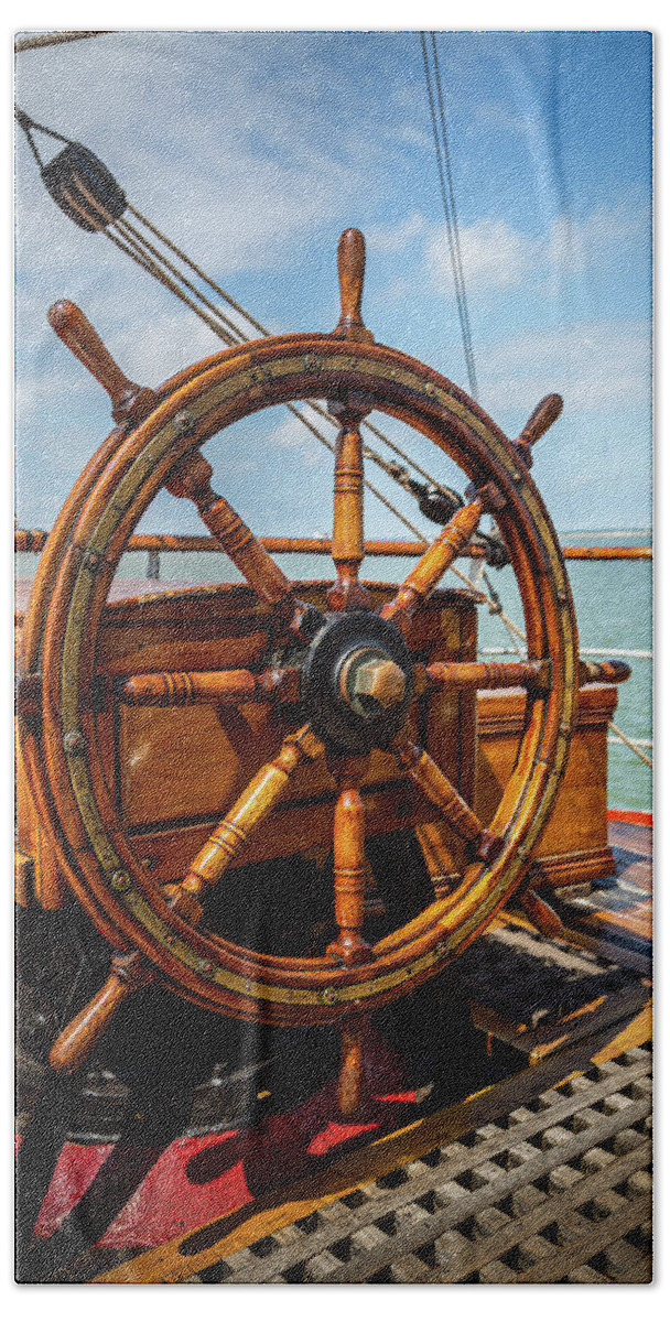 Tall Ship Wheel Beach Towel featuring the photograph The Helm Of A Tall Ship by Dale Kincaid