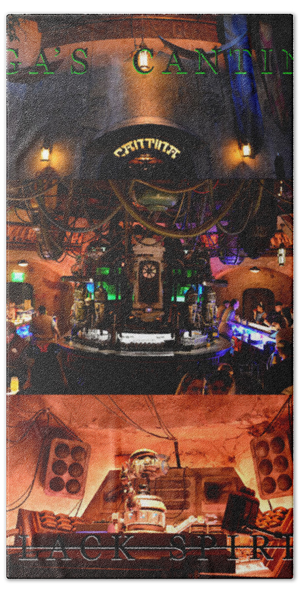 Oga's Cantina Beach Towel featuring the photograph A triple shot of Oga's Cantina poster work A by David Lee Thompson