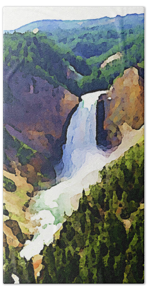 Landscape Beach Towel featuring the mixed media A Waterfall at Yellowstone by Shelli Fitzpatrick