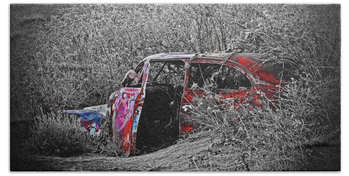 In Focus Beach Towel featuring the digital art Abandone Car At Sperfish Lake by Fred Loring
