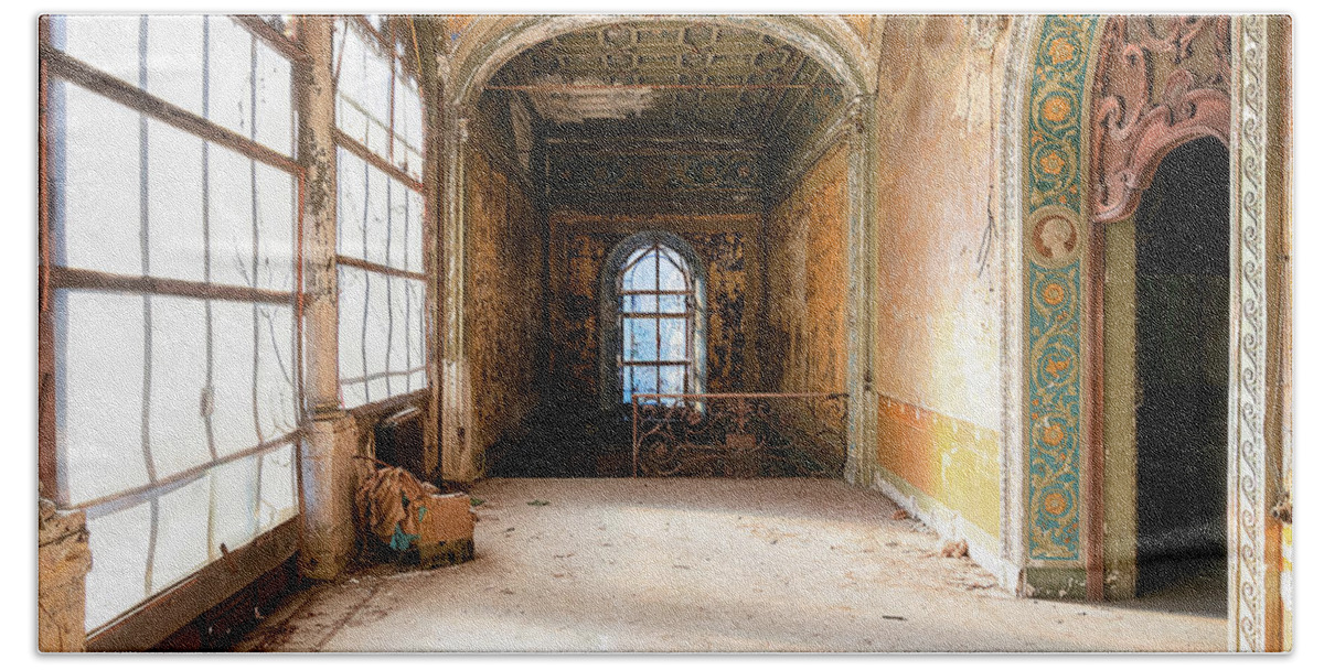 Abandoned Beach Towel featuring the photograph Abandoned Corridor in Villa by Roman Robroek