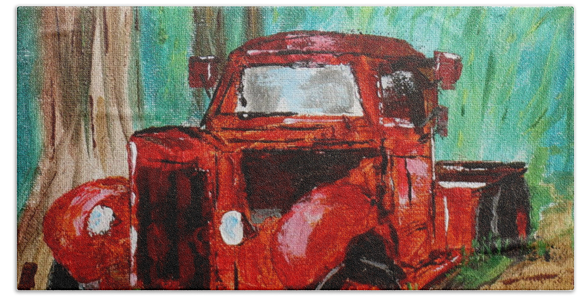 Old Truck Beach Towel featuring the painting Abandoned in the woods by Brent Knippel