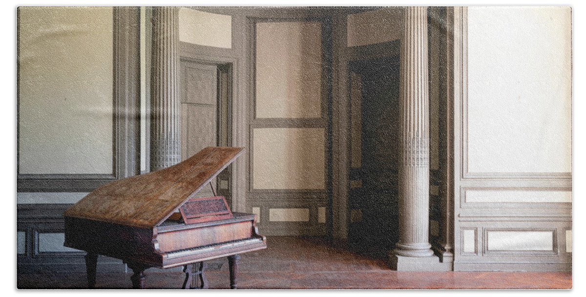 Abandoned Beach Towel featuring the photograph Abandoned Piano in Beige Room by Roman Robroek