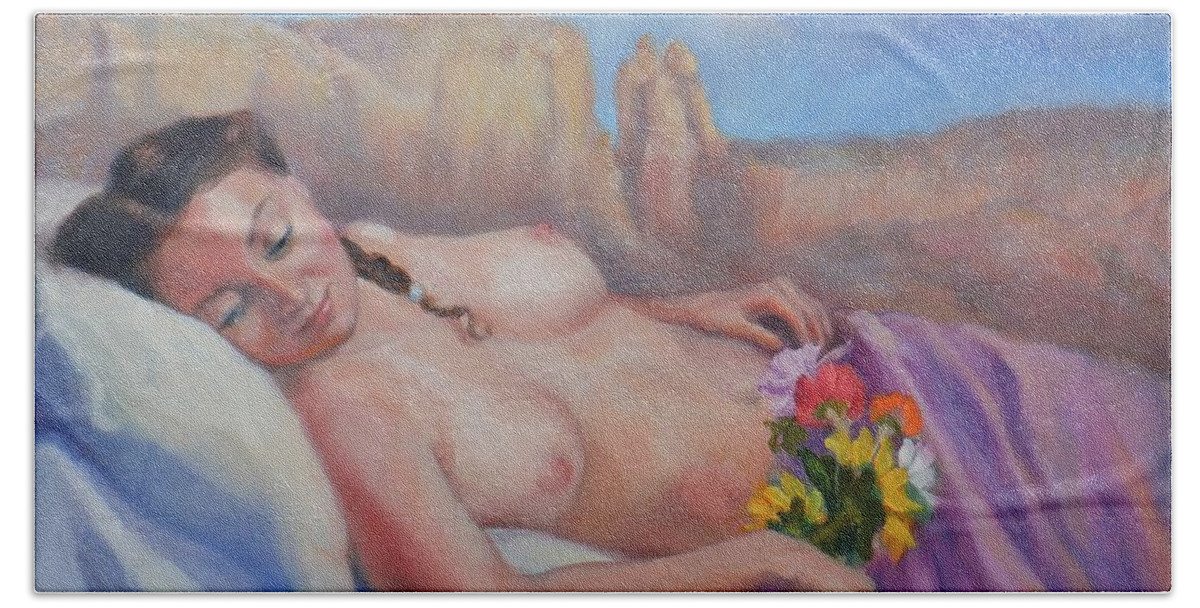 Figure Painting Beach Towel featuring the painting Abiquiu Reverie by Marian Berg