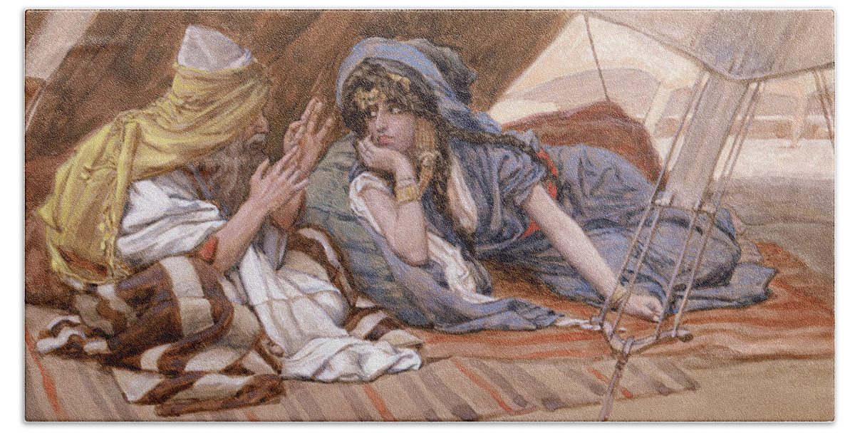 Abram's Counsel To Sarai Beach Towel featuring the painting Abram's Counsel to Sarai, 1902 by James Tissot