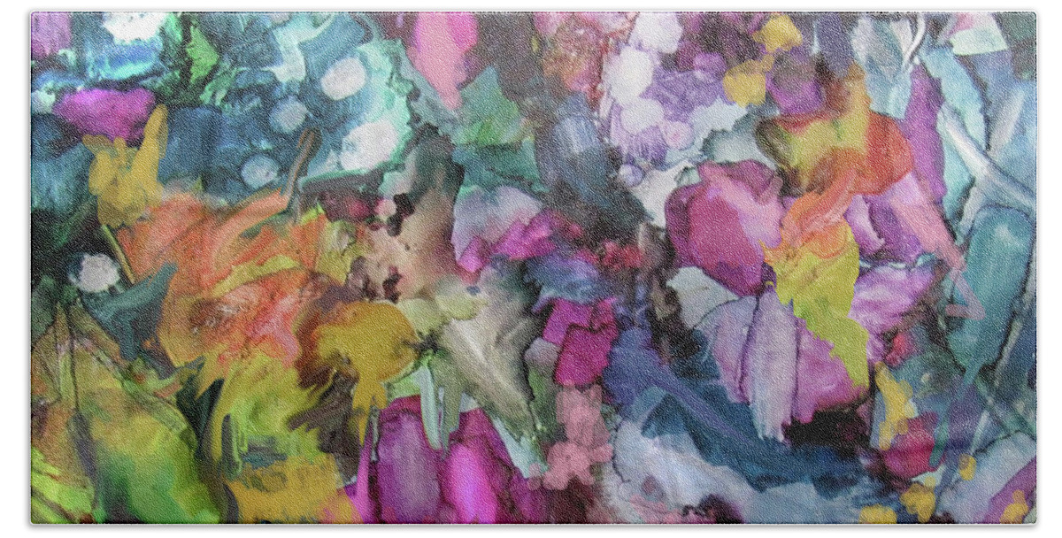 Mixed Media Beach Towel featuring the painting Abstract Flowers 225 by Jean Batzell Fitzgerald