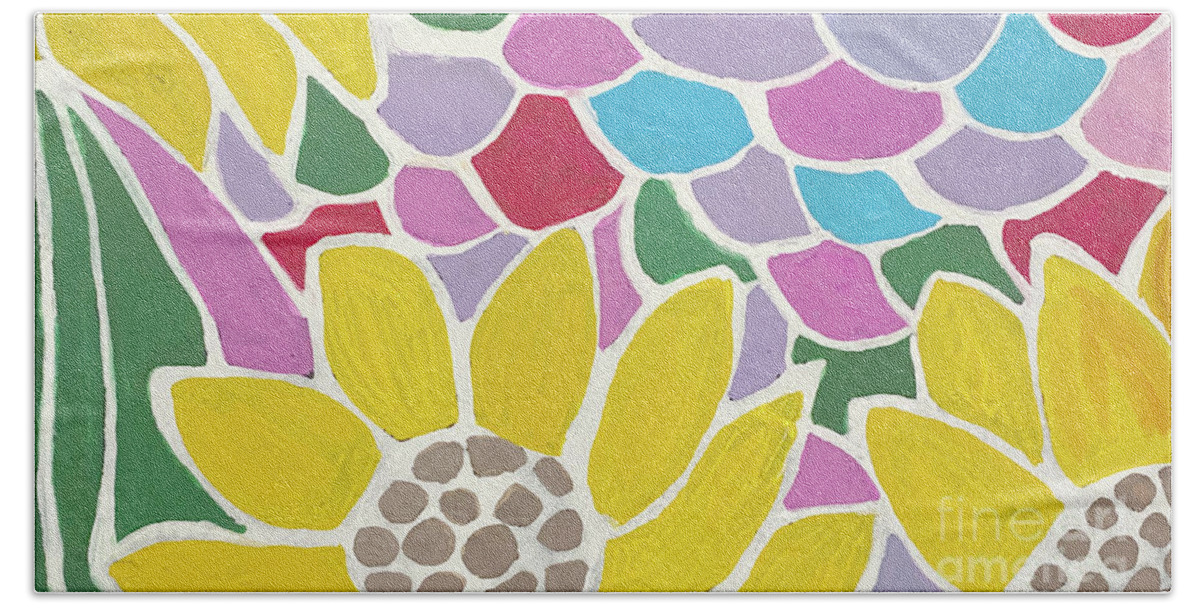 Sunflowers Beach Towel featuring the mixed media Abstract Sunflowers by Lisa Neuman