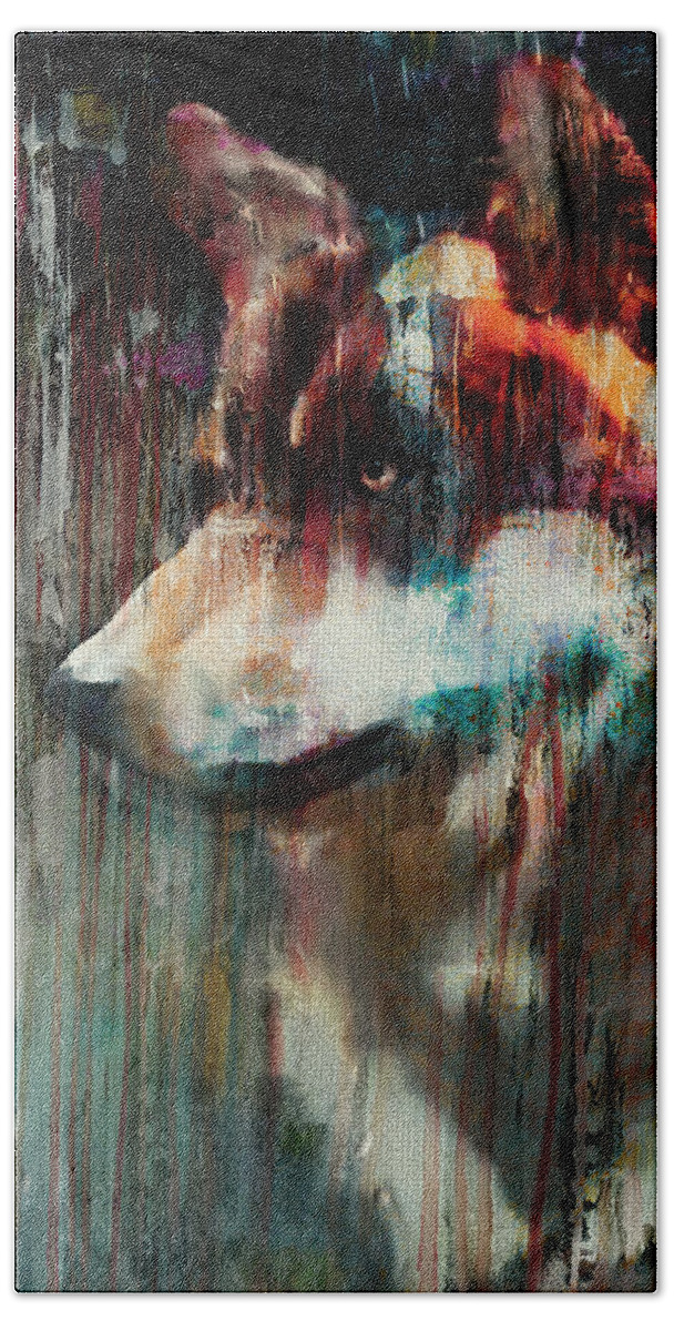 Marian Voicu Beach Towel featuring the painting Abstract Wolf Portrait 2 by Marian Voicu