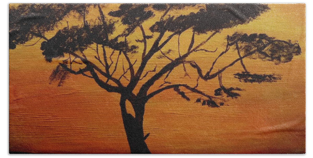 Acacia Tree At Sunset On The African Savannah Beach Towel featuring the painting Acacia Tree by Pour Your heART Out Artworks