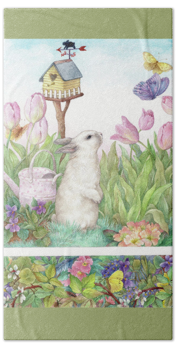 Painted Bunny Beach Towel featuring the painting Adorable Bunny and Tulips by Judith Cheng