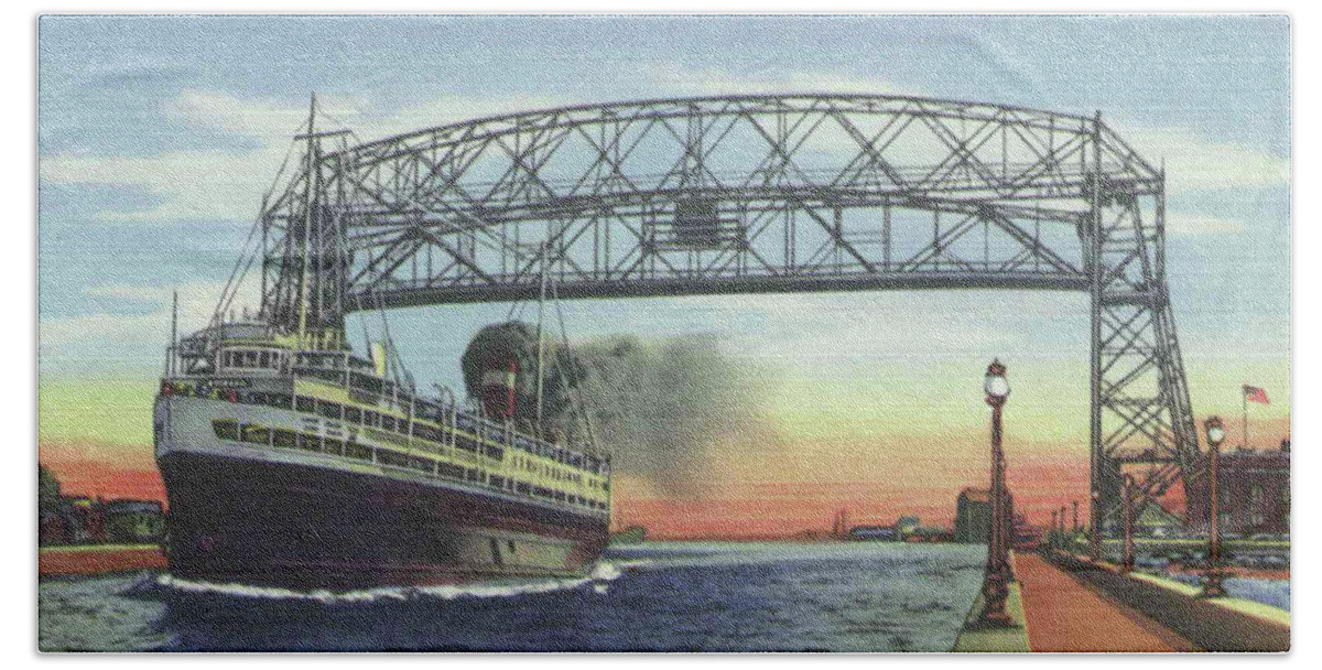 Duluth Beach Towel featuring the photograph Aerial Lift Bridge with Passenger Ship by Zenith City Press