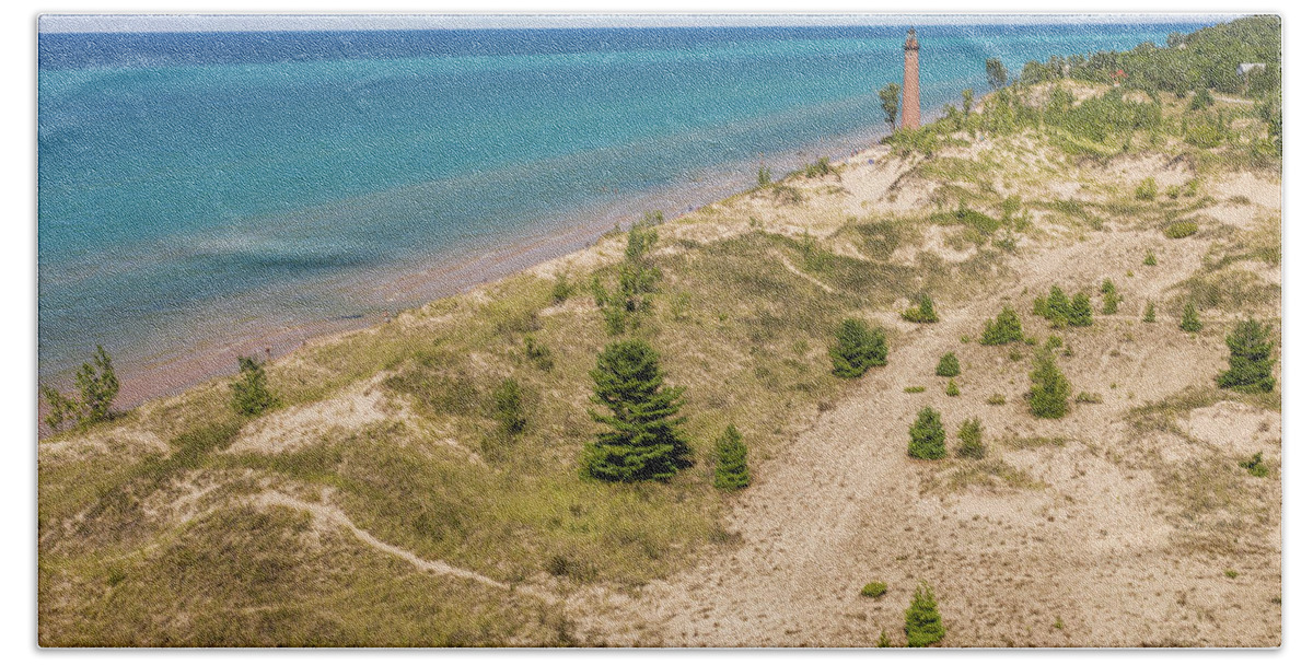 Drone Beach Towel featuring the photograph Aerial of Little Sable Lighthouse Michigan by John McGraw