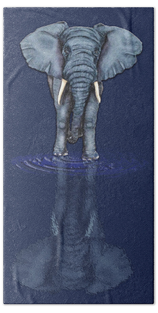 African Elephant Beach Towel featuring the mixed media African Elephant's Reflection by Kelly Mills