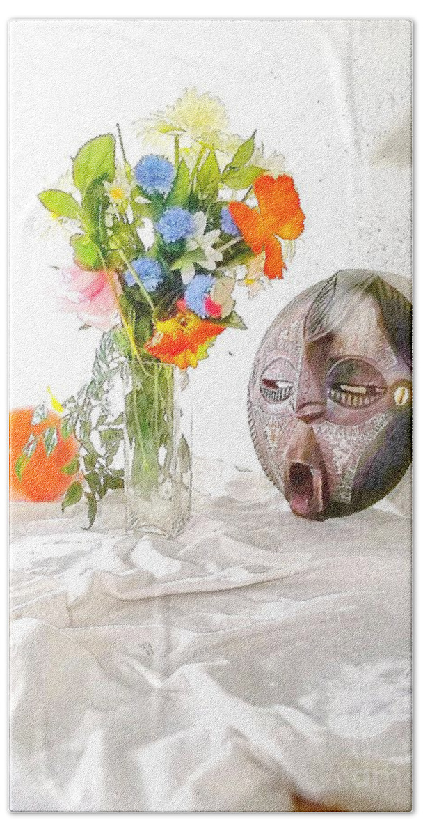 Mask Beach Towel featuring the photograph African Mask in Still Life by Joe Roache