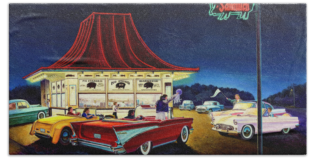 Fifties Beach Sheet featuring the painting After the Game by Randy Welborn