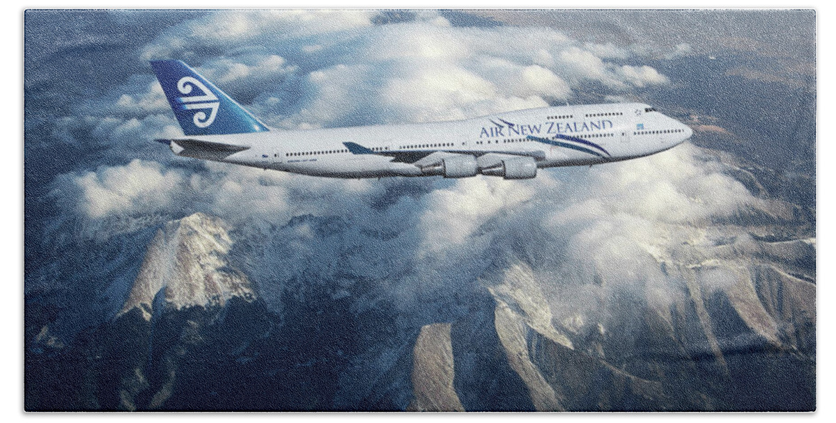 Air New Zealand Airlines Beach Towel featuring the mixed media Air New Zealand Boeing 747 by Erik Simonsen