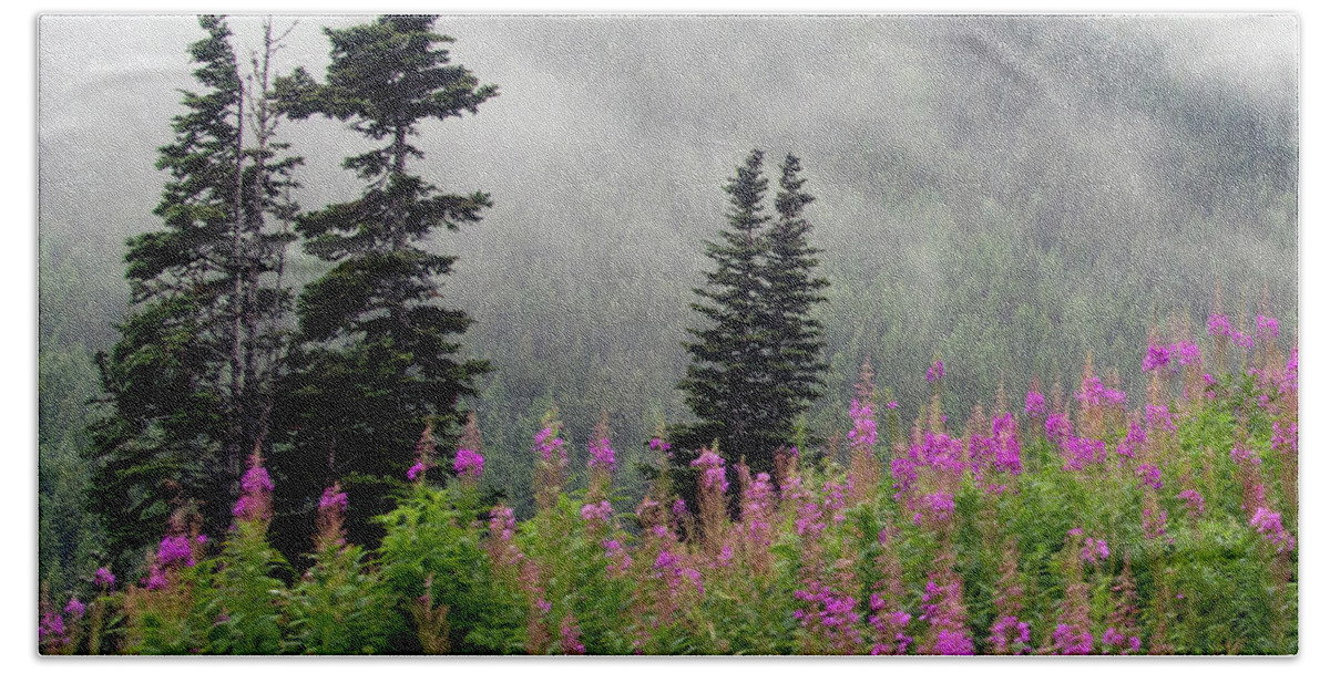 Skagway Beach Towel featuring the photograph Alaska Pines and Wildflowers by Karen Zuk Rosenblatt