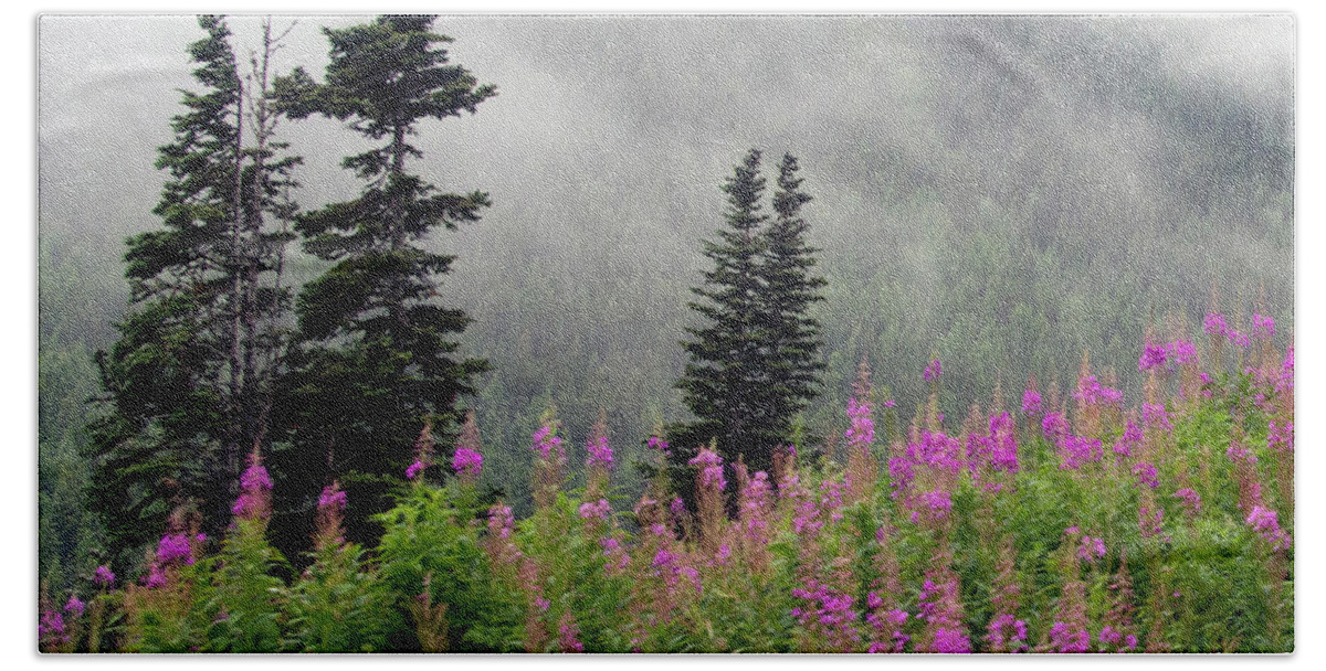 Skagway Beach Sheet featuring the photograph Alaska Pines and Wildflowers by Karen Zuk Rosenblatt