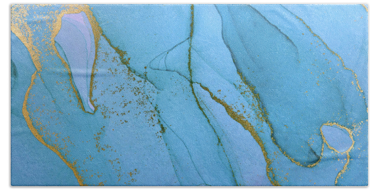Blue Beach Towel featuring the painting Alcohol ink blue and gold abstract background. Ocean style water by Tony Rubino