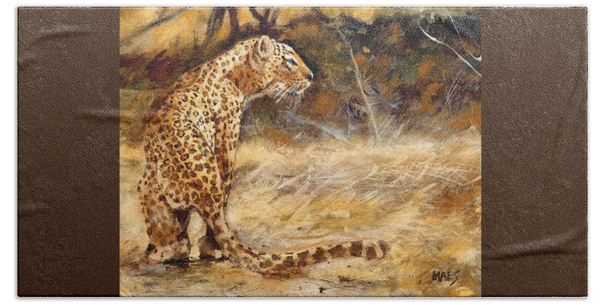 Africa Beach Towel featuring the painting Alert African Leopard by Walt Maes