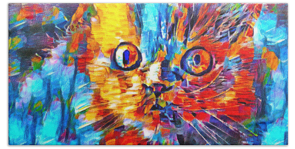 Persian Cat Beach Towel featuring the digital art Alert colorful Persian cat abstract painting by Nicko Prints
