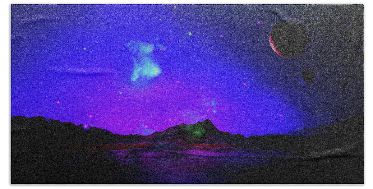 Fantasy Landscape Beach Towel featuring the digital art Alien Planet at Dusk by Don White Artdreamer