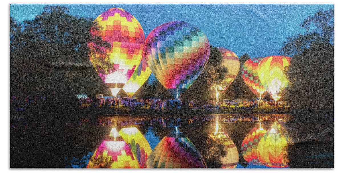Hot Air Balloons Beach Towel featuring the photograph All Balloon Glow - Centralia Balloon Fest by Susan Rissi Tregoning