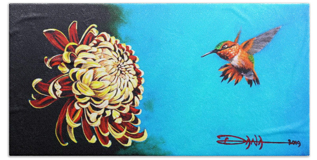 Birds Beach Towel featuring the painting Allen's Hummingbird and Chrysanthemum by Dana Newman
