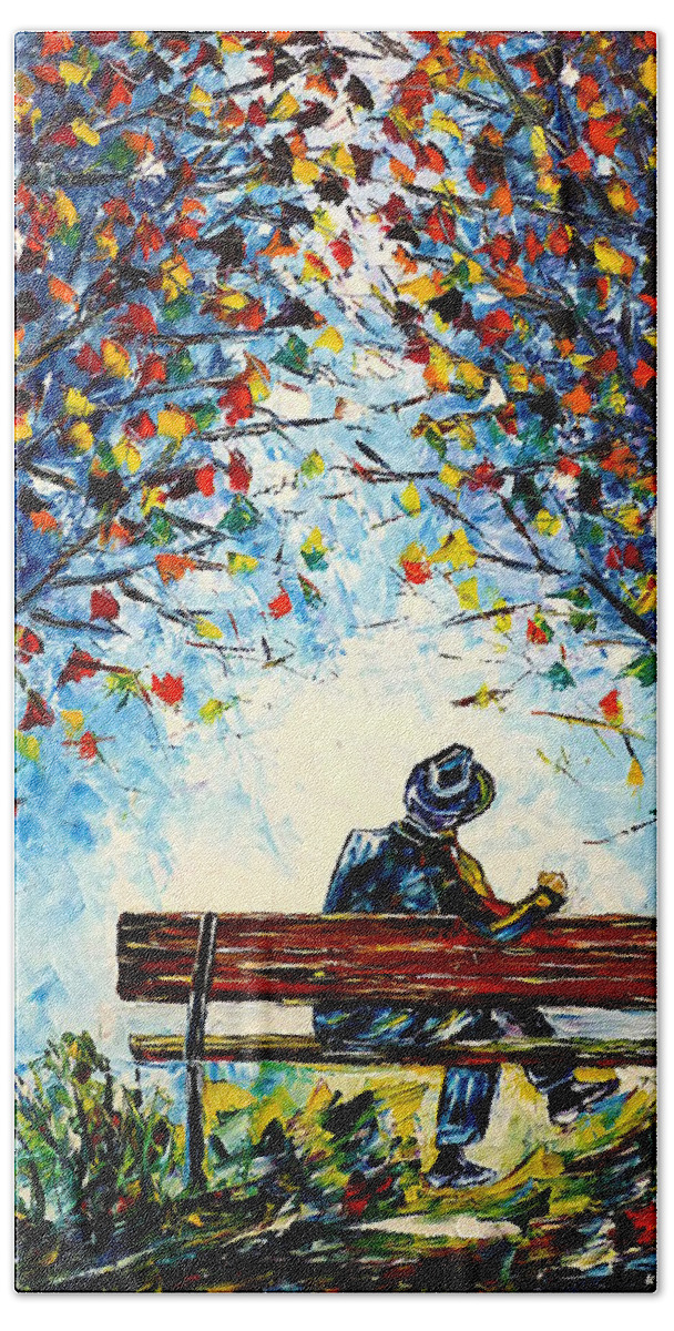 Lonely Man Beach Towel featuring the painting Alone On A Bench by Mirek Kuzniar