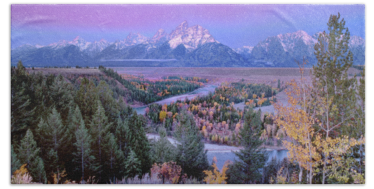 Dave Welling Beach Towel featuring the photograph Alpenglow Snake River Overlook Grand Tetons Np by Dave Welling