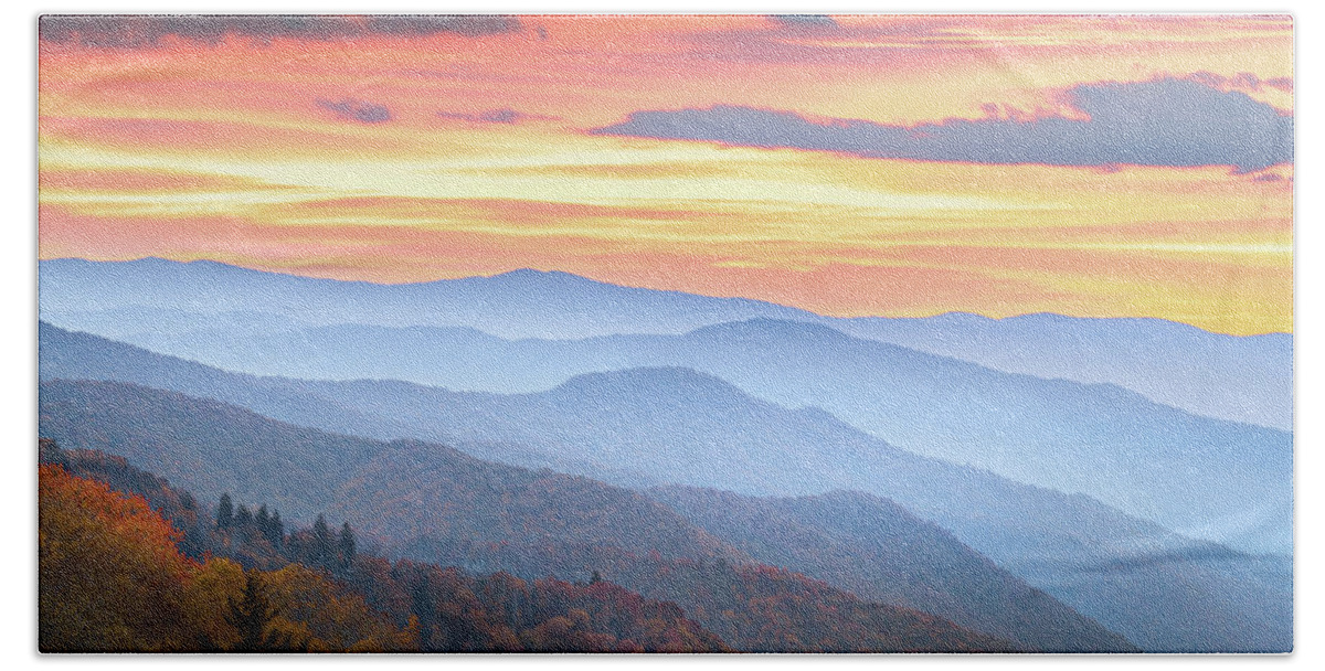 Oconaluftee Valley Beach Towel featuring the photograph Amazing Autumn Sunrise In Smoky Mountain National Park by Jordan Hill