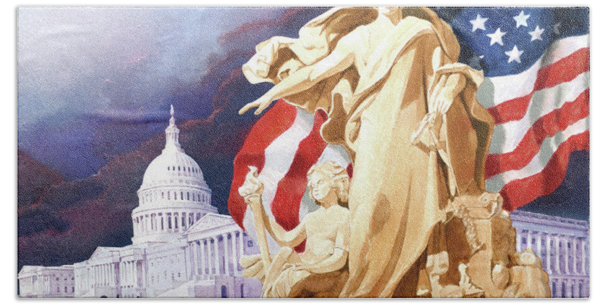 Tom Lydon Beach Towel featuring the painting America - Apotheosis of Democracy - Peace Protecting Genius by Tom Lydon