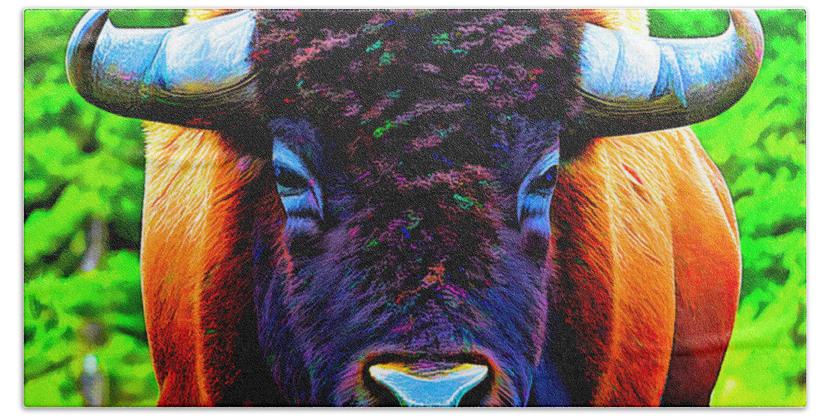 Bison Beach Towel featuring the digital art American Bison Abstract Colorful by Floyd Snyder