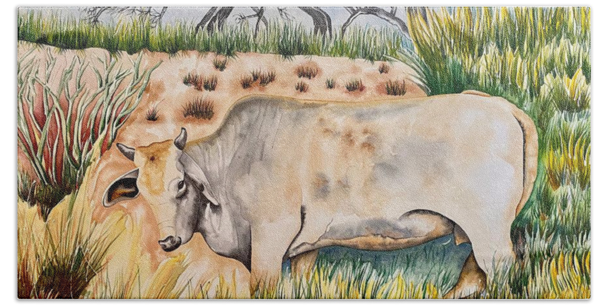 Bull Beach Towel featuring the painting American Brahman by Kandyce Waltensperger
