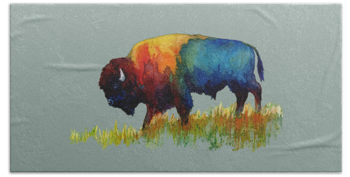 Bison Beach Towel featuring the painting American Buffalo III-solid background by Hailey E Herrera